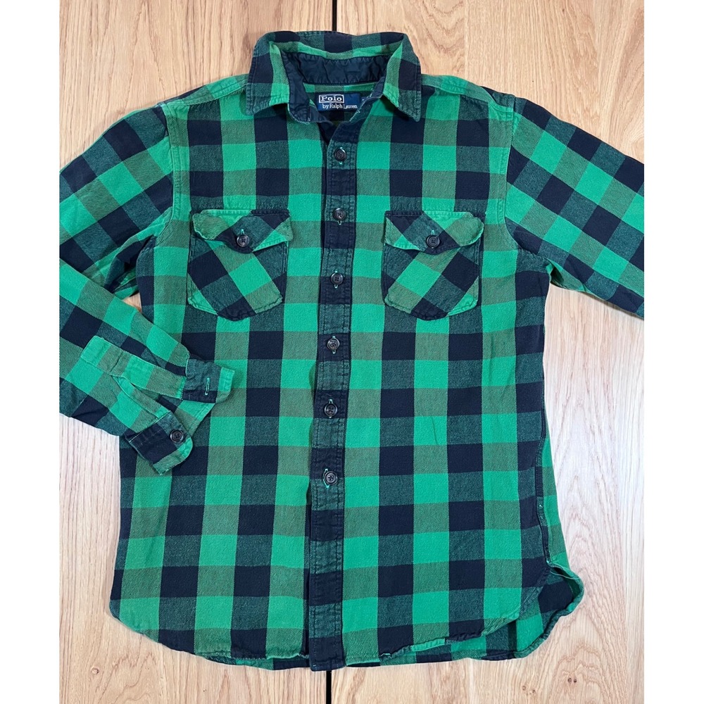 Polo Ralph Lauren Flannel Shirt Mens Medium Green Black Buffalo Plaid Gorpcore